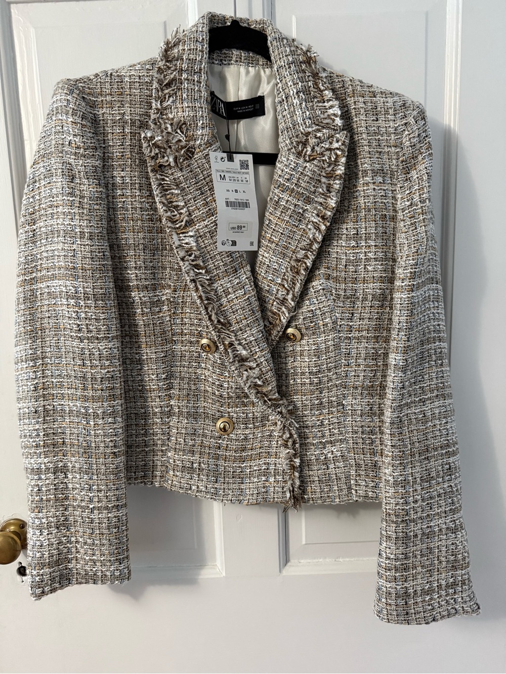 NWT Zara Cropped Tweed Double-Breasted Blazer - Beige/White